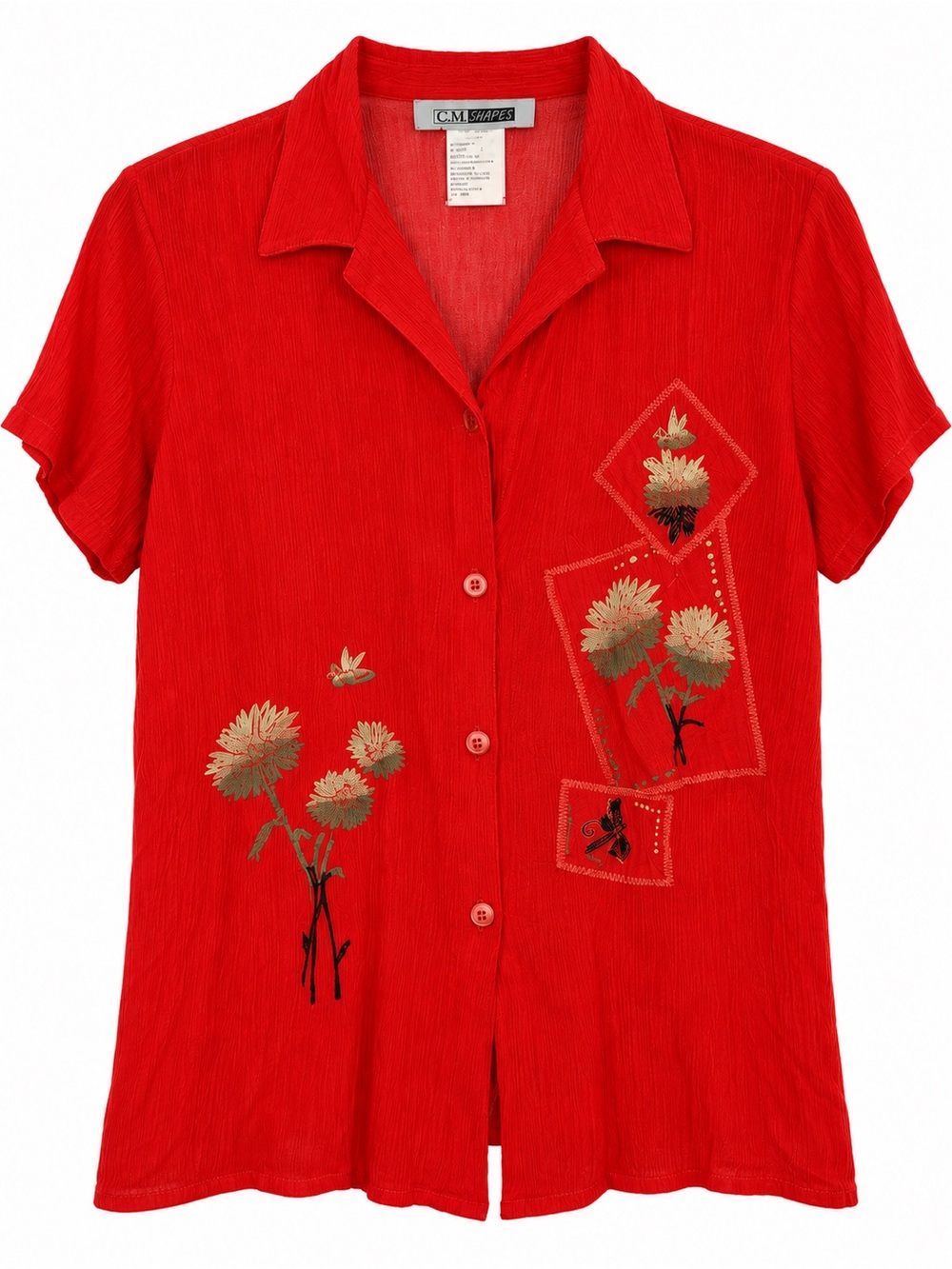C.M. Shapes Vintage 90s Women’s M Red Rayon Embroidered Button Front Blouse